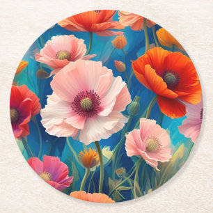Dessous-de-verre Rond En Papier Jardin de fleurs de pavots multicolores-47569