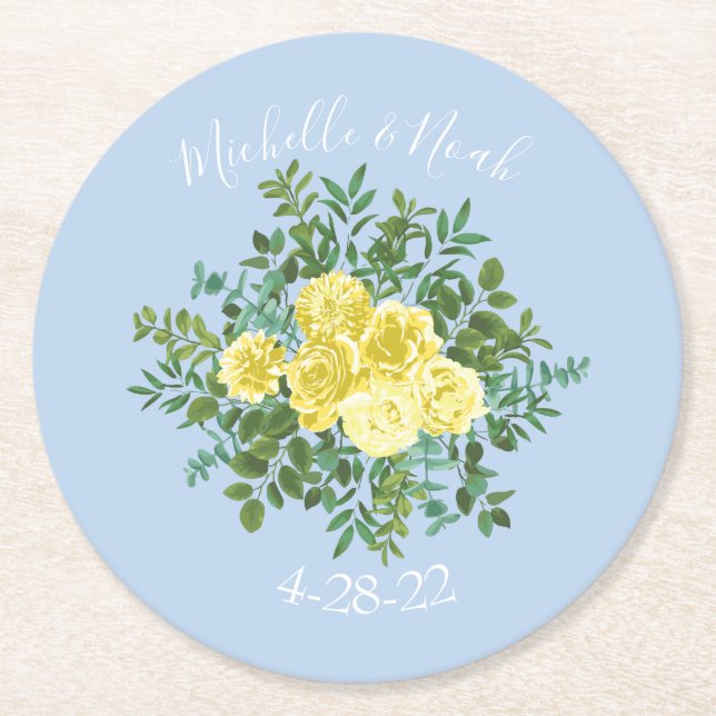 Dessous-de-verre Rond En Papier Jaune clair et bleu pâle Rose Mariage floral (Devant)
