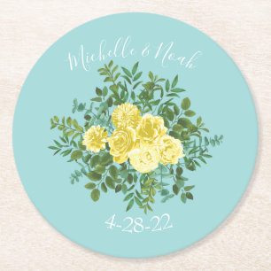 Dessous-de-verre Rond En Papier Jaune et Aqua Vintage Ressort Mariage Floral