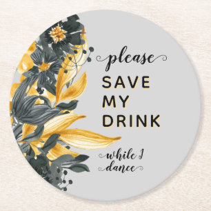 Dessous-de-verre Rond En Papier Jaune & Gris Floral Élégant Mariage Boisson Économ