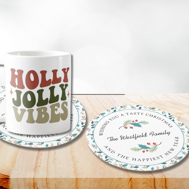 Dessous-de-verre Rond En Papier Je vous souhaite un saint Noël (Wishing You a Tasty Christmas Holly and Red Berries Round Paper Coaster)