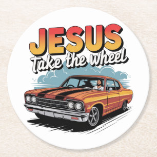 Dessous-de-verre Rond En Papier Jésus Prend le Volant Voiture Musclée Vintage