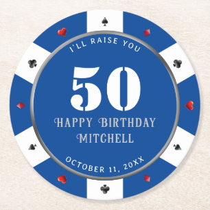 Dessous-de-verre Rond En Papier Jeton de poker Fête d'anniversaire 50 ans Bleu