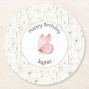 Dessous-de-verre Rond En Papier Joli Anniversaire Papillon Floral Rose Blush