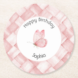 Dessous-de-verre Rond En Papier Joli Anniversaire Papillon Tissage Panier Rose