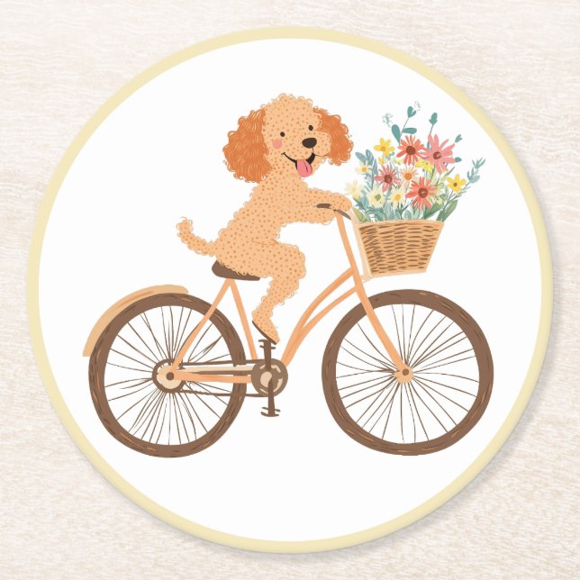 Dessous-de-verre Rond En Papier Joli chien Goldendoodle faisant du vélo avec des f (Devant)
