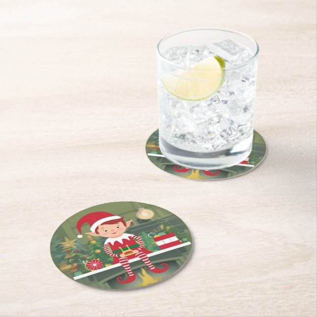 Dessous-de-verre Rond En Papier Joli elfe de Noël sur le Dessous de verre de papie (En situation)