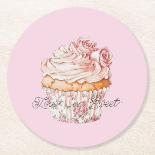 Dessous-de-verre Rond En Papier Joli gâteau cupcake floral aux roses roses pour la