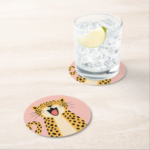 Dessous-de-verre Rond En Papier Joli Léopard Sauvage de Dessin Animé Souriant et H