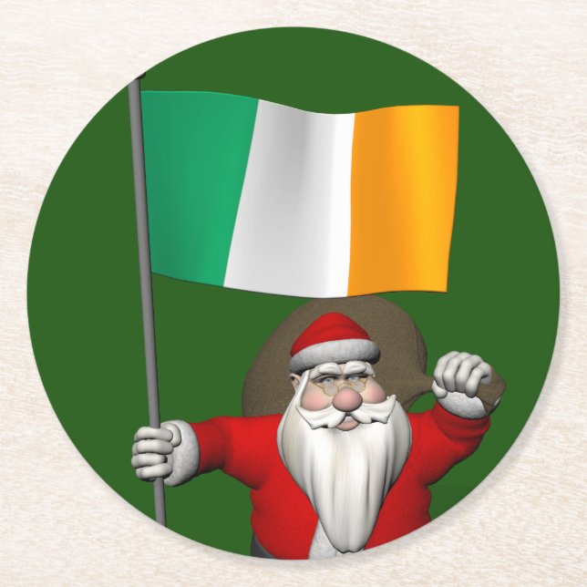 Dessous-de-verre Rond En Papier Jolly Saint Nicholas Avec Drapeau Irlande (Devant)