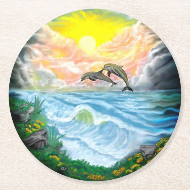 Dessous-de-verre Rond En Papier Jouer aux dauphins sous le soleil (Devant)
