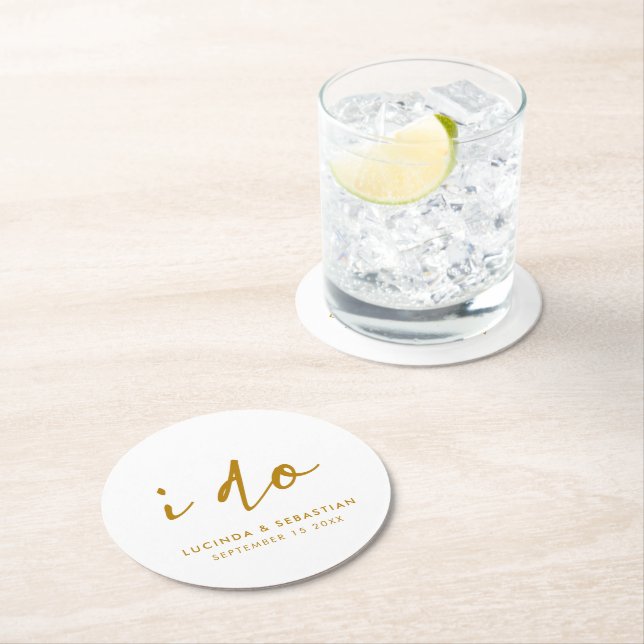 Dessous-de-verre Rond En Papier Jour de mariage Élégant minimal Or simple et blanc (En situation)