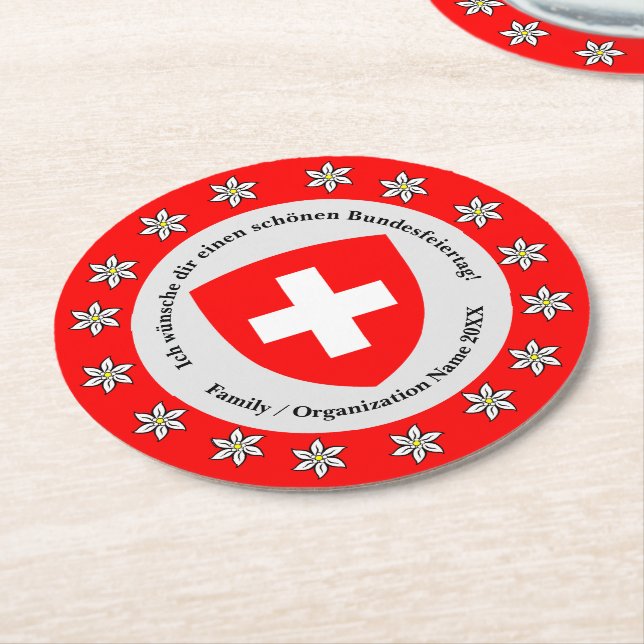 Dessous-de-verre Rond En Papier Jour national suisse Drapeau Edelweiss (Incliné)