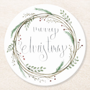 Dessous-de-verre Rond En Papier Joyeuse couronne d'aquarelle de Noël