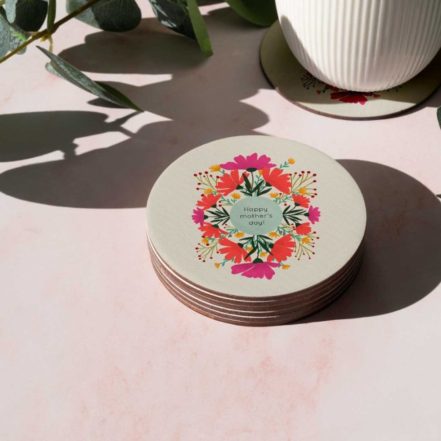 Dessous-de-verre Rond En Papier Joyeuse fête de la mère fleurie (Créateur téléchargé)