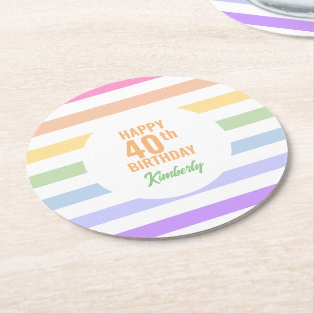 Dessous-de-verre Rond En Papier Joyeux 40ème anniversaire en Rainbow Stripes (Incliné)