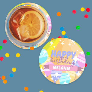 Dessous-de-verre Rond En Papier Joyeux Anniversaire Colorful Cartoon Balloons Étin