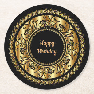 Dessous-de-verre Rond En Papier Joyeux anniversaire, élégant noir et or,