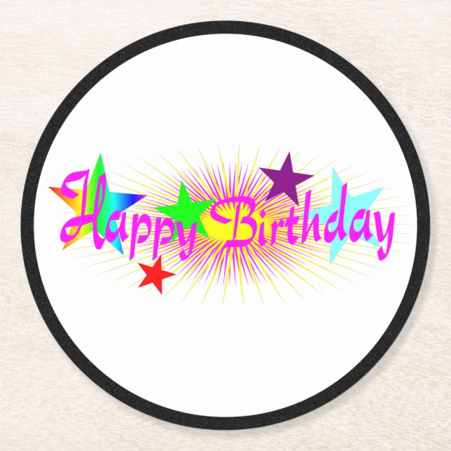 Dessous-de-verre Rond En Papier Joyeux anniversaire et étoiles - (Devant)