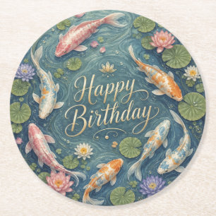 Dessous-de-verre Rond En Papier Joyeux Anniversaire Serene Koi Pond Water Lily
