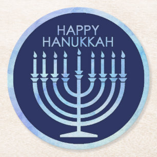 Dessous-de-verre Rond En Papier Joyeux Hanukkah Menorah Rond Aquarelle