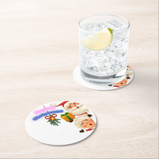 Dessous-de-verre Rond En Papier Joyeux Noël avec le Père Noël et Mme Claus 