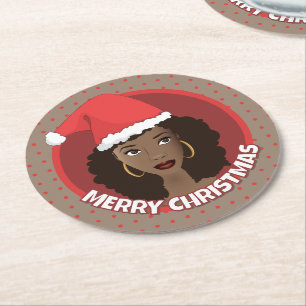 Dessous-de-verre Rond En Papier Joyeux Noël, Femme noire Santa Hat
