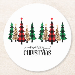 Dessous-de-verre Rond En Papier Joyeux Noël Red Green Plaid Arbres