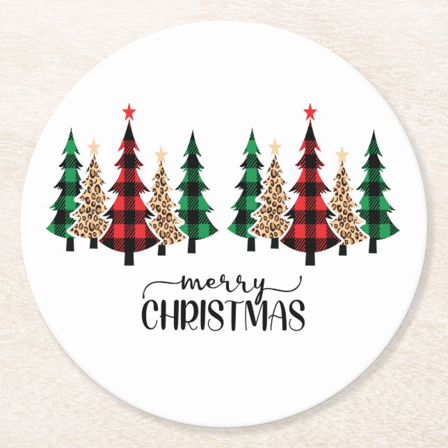 Dessous-de-verre Rond En Papier Joyeux Noël Red Green Plaid Arbres (Devant)