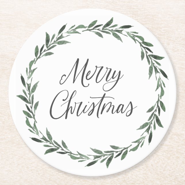 Dessous-de-verre Rond En Papier Joyeux Noël Simple Rustique Aquarelle Verdure (Devant)