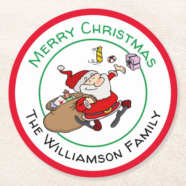 Dessous-de-verre Rond En Papier Joyeux sourire Père Noël, offrir des cadeaux de No (Devant)