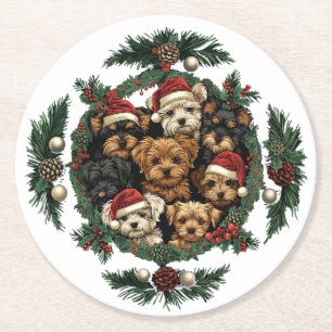 Dessous-de-verre Rond En Papier Joyeux Yorkshire Terrier Chiens de Noël
