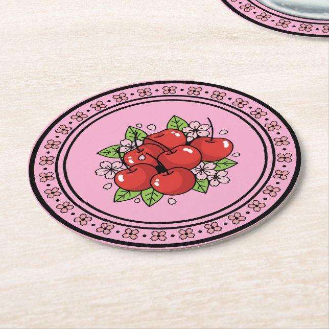 Dessous-de-verre Rond En Papier Kawaii Red Cherry Vibes Cute Girly Aesthetic (Incliné)