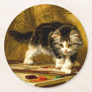 Dessous-de-verre Rond En Papier Kitten avec peinture et brosses