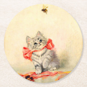 Dessous-de-verre Rond En Papier Kitten avec ruban rouge