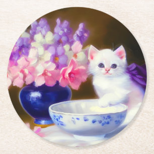 Dessous-de-verre Rond En Papier Kitten blanc vintage avec ruban violet