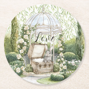Dessous-de-verre Rond En Papier Lapin dans des feuilles vertes florales amour mari