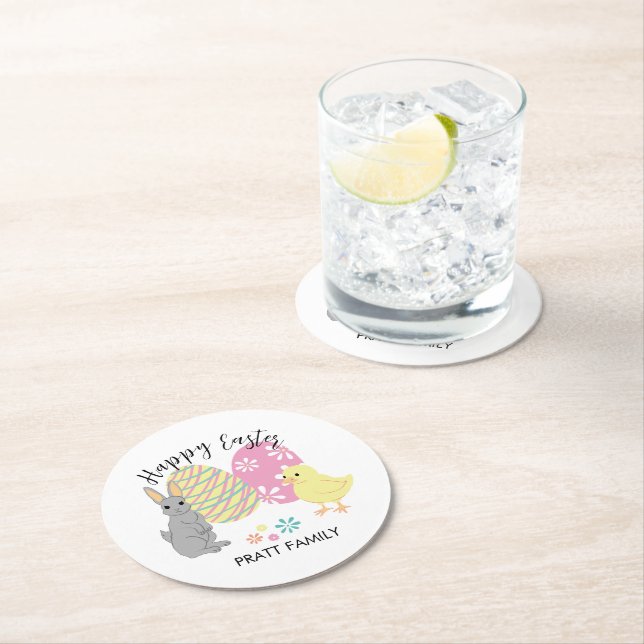 Dessous-de-verre Rond En Papier Lapin de Pâques et poussin avec des oeufs décorés (En situation)