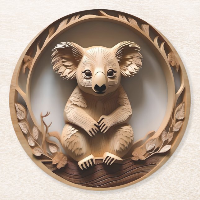 Dessous-de-verre Rond En Papier L'Australien Koala Bear Wood Carving, (Devant)