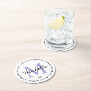 Dessous-de-verre Rond En Papier Lavande à monogramme personnalisé