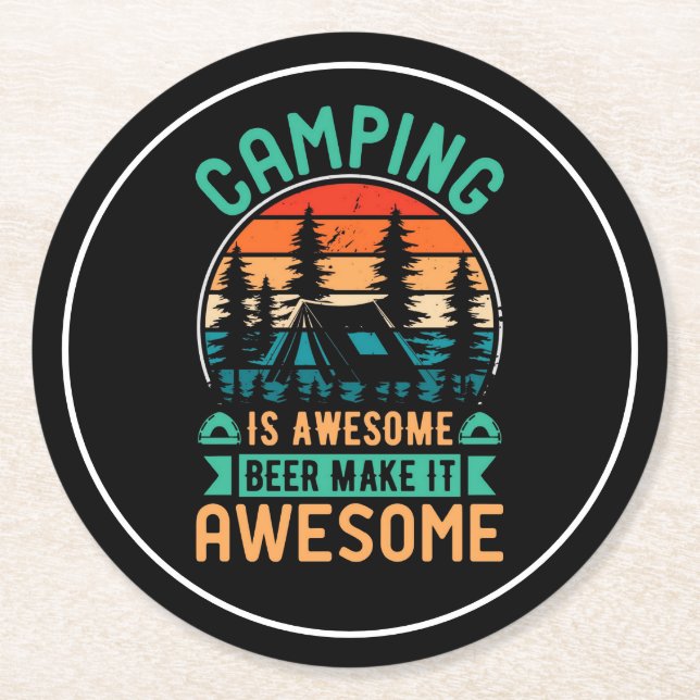 Dessous-de-verre Rond En Papier Le camping est génial, la bière le rend encore mei (Devant)