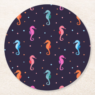 Dessous-de-verre Rond En Papier Les hippocampes d'eau sur le Motif bleu de la mari