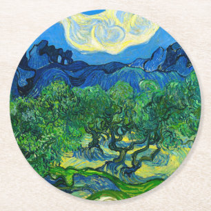 Dessous-de-verre Rond En Papier Les oliviers de Van Gogh dans un paysage montagneu
