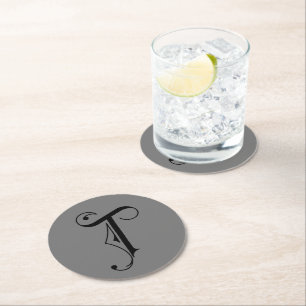Dessous-de-verre Rond En Papier Lettre élégante T Monogramme noir sur gris