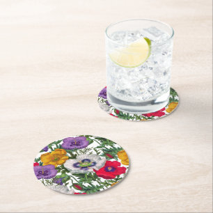 Dessous-de-verre Rond En Papier Lilac Rouge Blanc Jaune Poppies & Feuilles verts