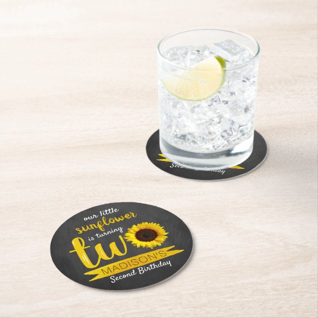 Dessous-de-verre Rond En Papier Little Sunflower 2e fête d'anniversaire (En situation)
