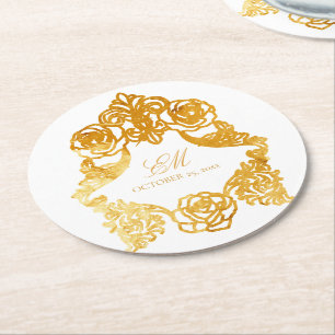 Dessous-de-verre Rond En Papier Logo du Mariage Monogram Crest Vintage blanc et or