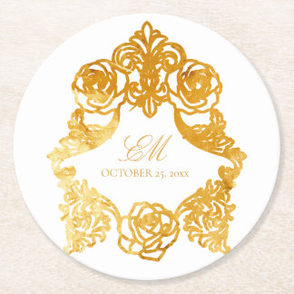 Dessous-de-verre Rond En Papier Logo du Mariage Monogram Crest Vintage blanc et or