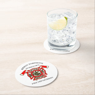 Dessous-de-verre Rond En Papier Logo du service des incendies Insigne or et rouge