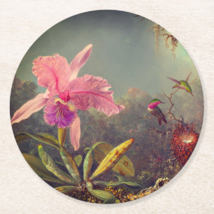 Dessous-de-verre Rond En Papier L'orchidée de Cattleya et trois colibris Heade